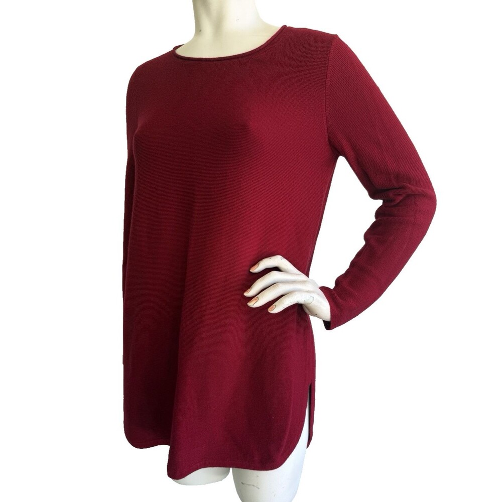 EILEEN FISHER Sweater Red 100% Organic Cotton Long Sleeve Tunic Top Size XS